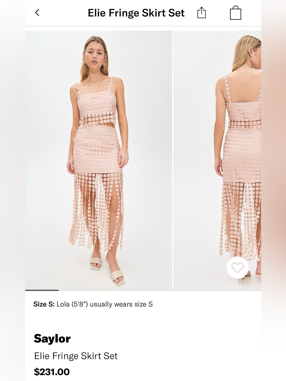 Saylor Elie fringe set in Rose Gold XS NWT